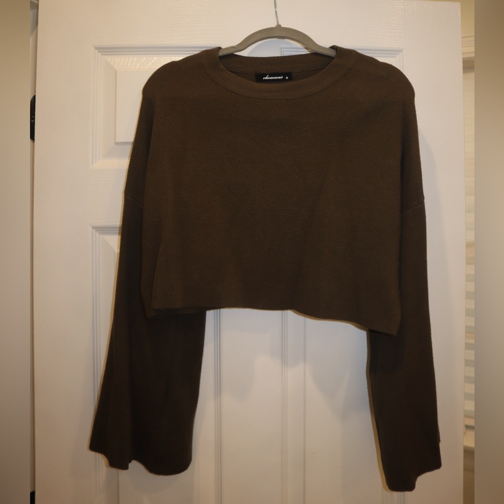 Olivaceous Size M Flare Sleeve, Slightly Cropped Olive Green Sweater